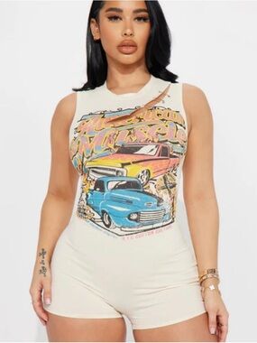 Fashion Nova Cream Graphic Sleeveless Romper with Blue & Yellow Car Print